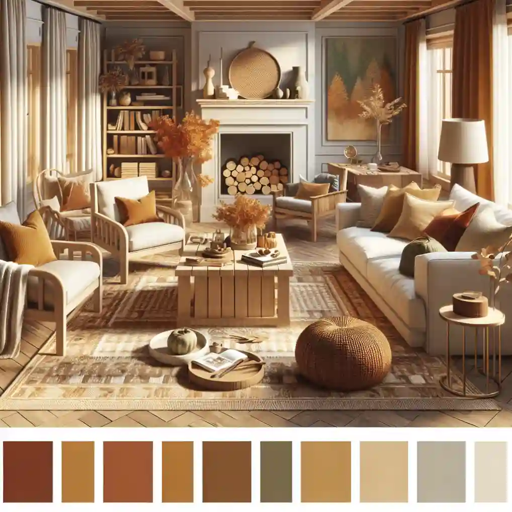 A cozy living room featuring redwood bark and golden harvest colors