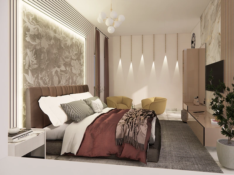 A luxury bedroom showcasing a cohesive color palette