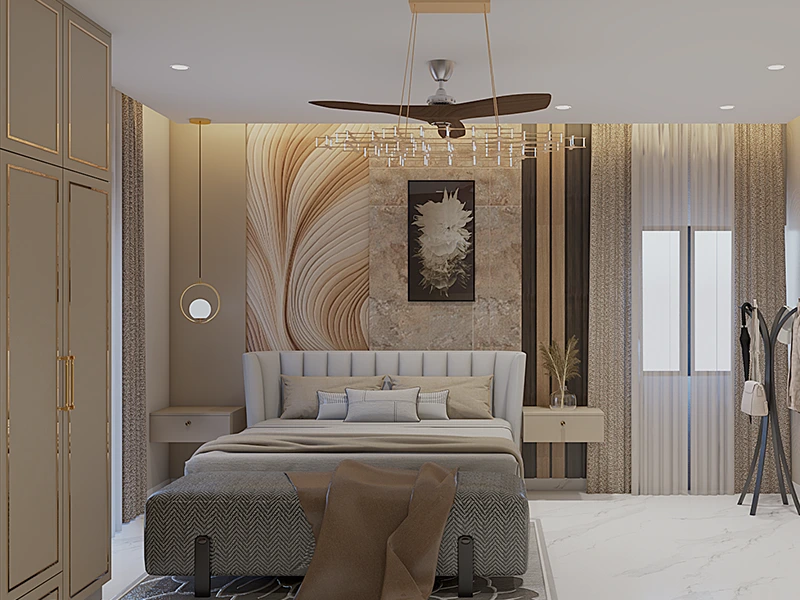 A luxury bedroom with mood lighting