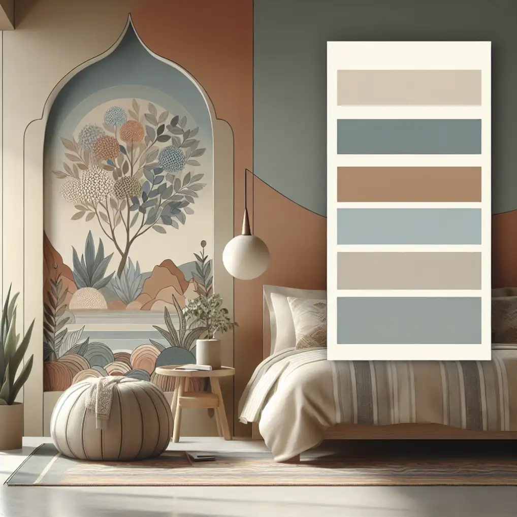 A peaceful meditation room featuring sandstone and ocean spray colors