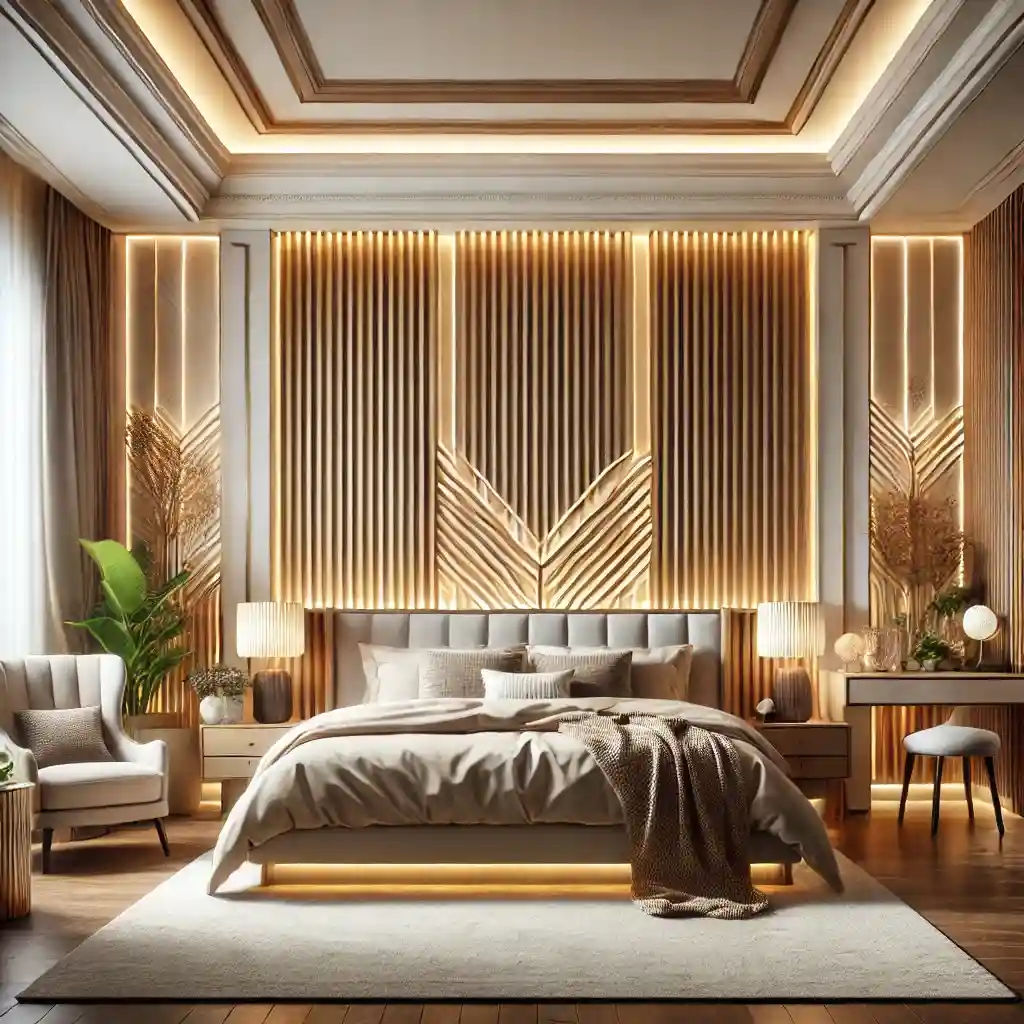Modern bedroom headboard wall with vertical wooden panels and integrated warm lighting
