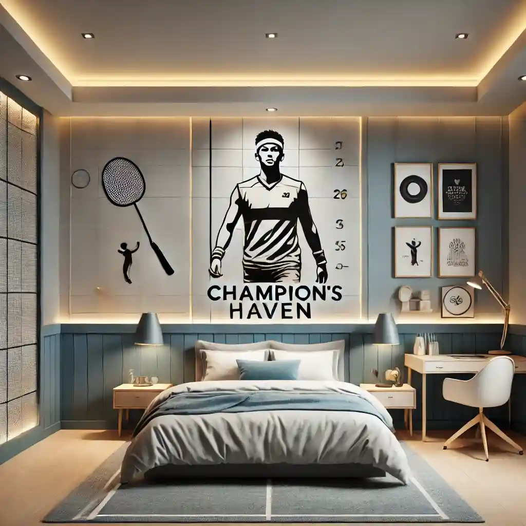 Bedroom wall with a badminton-themed sticker and half-wall tiles in baby blue, ideal for sports